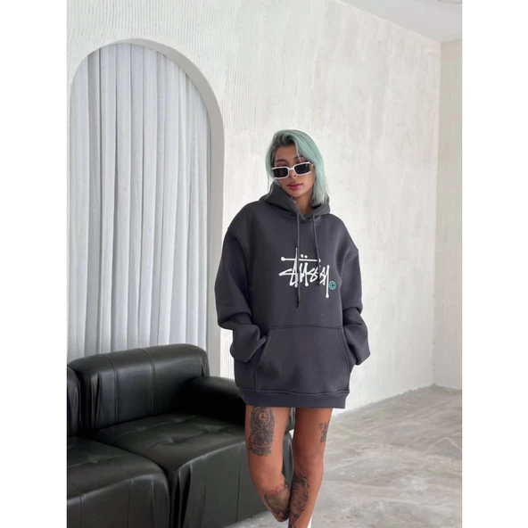 Üç İplik Kapşonlu Baskılı SweatShirt - Füme - 3