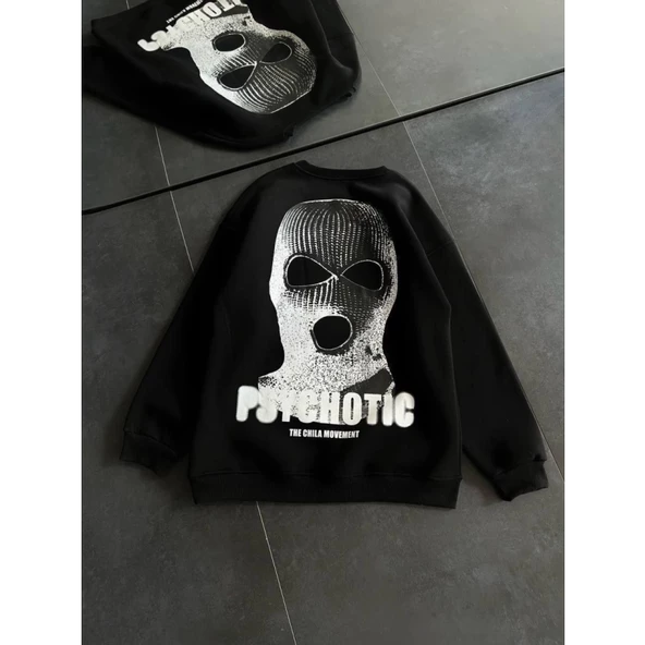Kışlık Bisiklet Yaka Baskılı SweatShirt - Siyah - 2