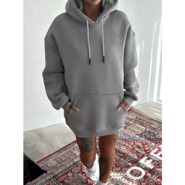 Kapşonlu Üç İplik Penye Basic SweatShirt - Boyalı Gri - 2