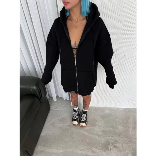 Oversize Tam Fermuarlı Uzun Kol Hırka - Siyah - 2