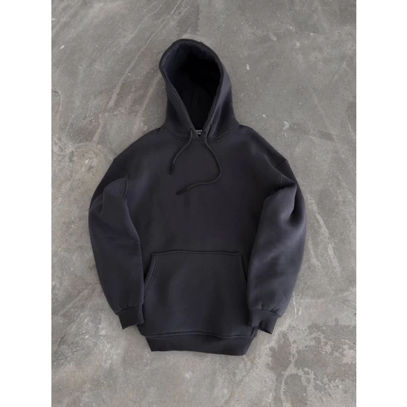 Kapşonlu Üç İplik Penye Basic SweatShirt - Füme - 2