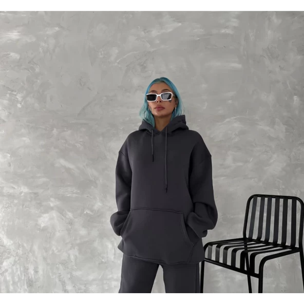Kapşonlu Üç İplik Penye Basic SweatShirt - Füme