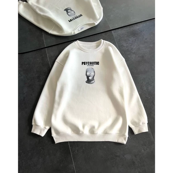 Kışlık Bisiklet Yaka Baskılı SweatShirt - Beyaz ürün görseli 1
