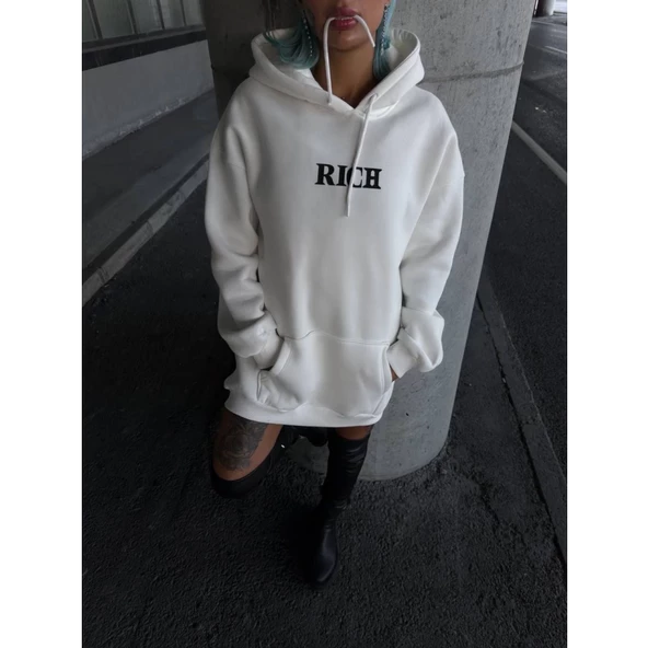 Uzun Kol Kapşonlu Göğüs Baskılı SweatShirt - Beyaz - 2
