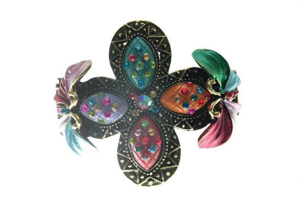 Hdmarketim Otantik Swarovski Taşlı Çiçekli Kelepçe Metal Bileklik