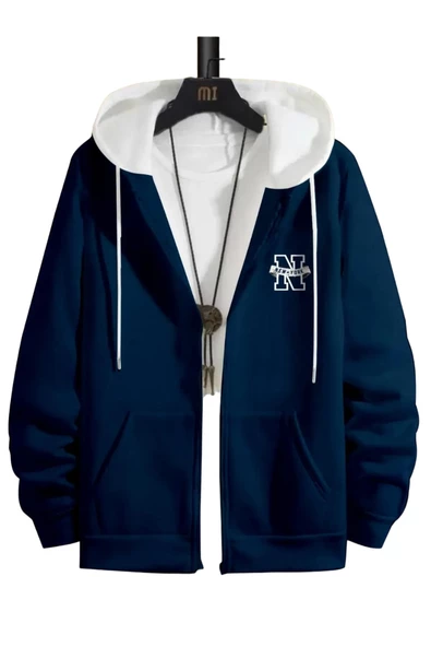 Erkek Parçalı Renk New York Baskılı Kapüşonlu Fermuarlı Hırka - 2