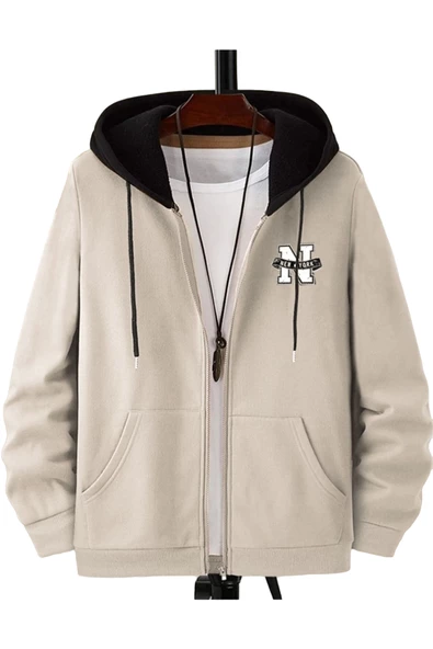 Erkek Parçalı Renk New York Baskılı Kapüşonlu Fermuarlı Hırka - 3