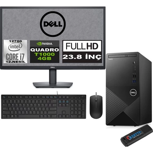 Dell Vostro 3910 mt Intel Core I7 12700 16GB 1tb SSD 23.8" Fhd Windows 11 Home Quadro T1000-4GB Masaüstü Bilgisayar 23N3910T1000H08 + Zetta USB Bellek