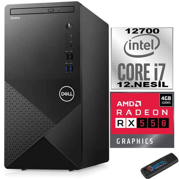 Dell Vostro 3910 mt Intel Core I7 12700 32GB 2tb SSD Windows 11 Pro Amd RX550-4GB Masaüstü Bilgisayar N3910RX550P19 + Zetta USB Bellek