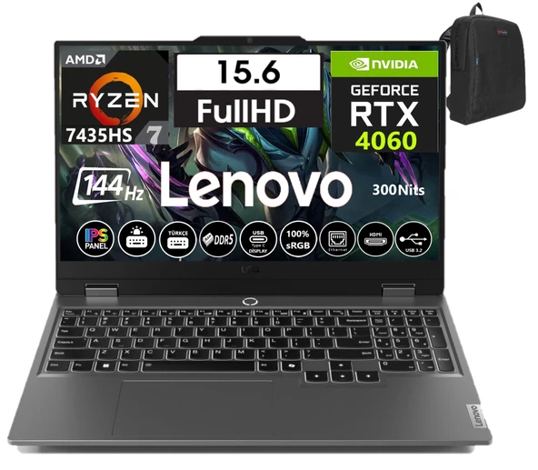 Lenovo Loq 15ARP9 Amd Ryzen 7-7435HS 32GB Ddr5 1tb SSD 8GB/RTX4060 WINDOWS11HOME 15.6" 144Hz Fhd IPS Taşınabilir Bilgisayar W83JC000UTR26+WEBLEGELSINÇANTA