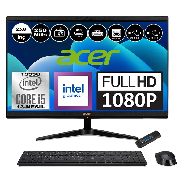 Acer Aspire C24-1800 Intel Core I5 1335U 24GB 1tb SSD Windows 11 Pro 23.8" Fullhd LED 250NITS All In One Bilgisayar DQBKMEM006P08  + Zetta Flash Bellek