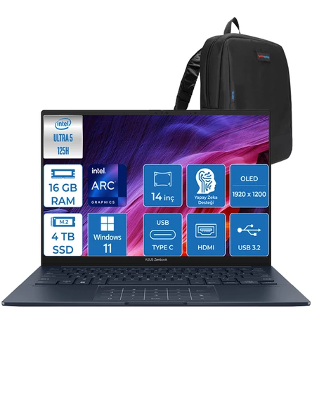 Asus Zenbook 14 OLED Ultra 5 125H 16GB LPDDR5X 4tb SSD Intel Arc 14" Fhd WIN11PRO Taşınabilir Bilgisayar QD089WP04 + Zettaçanta