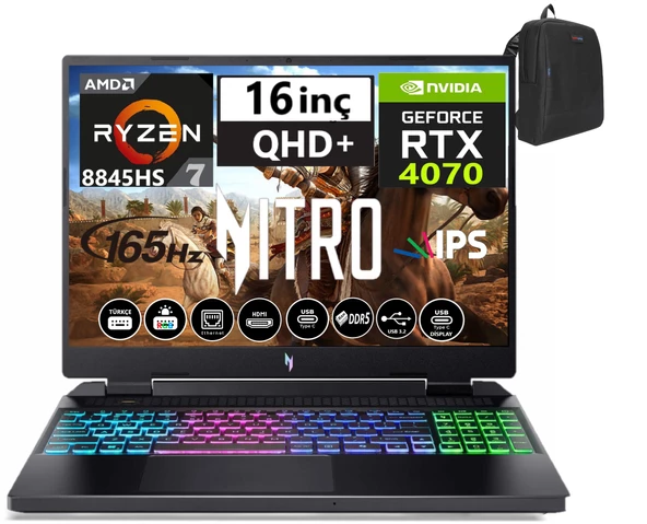 Acer Nitro V16 ANV16-42 Amd R7 8845HS Aı 64GB Ddr5 4tb SSD 8GB/RTX4070 WINDOWS11HOME 16" 165Hz Wqxga IPS Taşınabilir Bilgisayar WNHQSLEY00136+WEBLEGELSINÇANTA