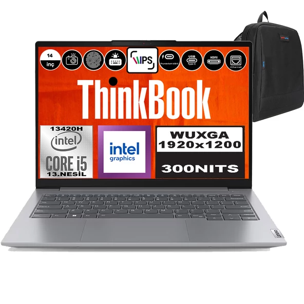 Lenovo Thinkbook 14 G6 Irl Intel Core I5 13420H 16GB Ddr5 512GB SSD 14" Wuxga 300NITS IPS Freedos Taşınabilir Bilgisayar 21KG00UCTRF01 + Zetta Çanta