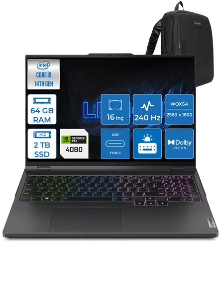 Lenovo Legion Pro 7 I9-14900HX 64GB 2tb SSD 12GB/RTX4080/175W 16" 240Hz 500NITS Hdr Wqxga WIN11PRO Taşınabilir Bilgisayar L83DE002WTRWP13 + Zettaçanta