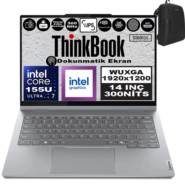Lenovo Thinkbook 14 2-In-1 G4 Iml Intel Core Ultra 7 155U 40GB Ddr5 512GB SSD 14" Dokunmatik Wuxga 300NITS IPS Windows 11 Home Taşınabilir Bilgisayar 21MX002VTRH13 + Zetta Çanta