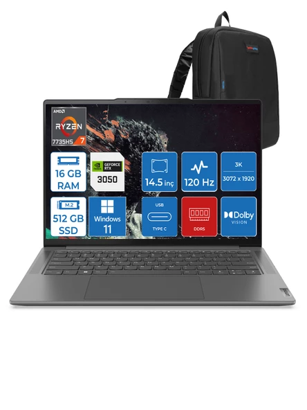 Lenovo Yoga Pro 7 14ARP8 Ryzen 7 7735HS 16GB LPDDR5X 512GB SSD 6GB/RTX3050 14.5" 3k IPS 400NITS Dolby Vision WIN11PRO Taşınabilir Bilgisayar L83AU003YTXWP01 + Zettaçanta