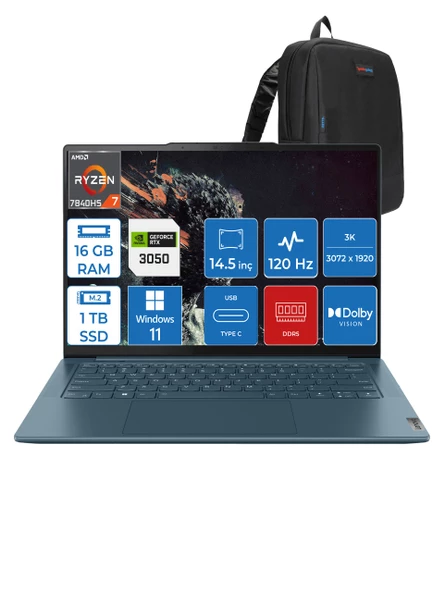 Lenovo Yoga Pro 7 14APH8 Ryzen 7 7840HS 16GB LPDDR5X 1tb SSD 6GB/RTX3050 14.5" 3k IPS 400NITS 120Hz Dolby Vision WIN11HOME Taşınabilir Bilgisayar L82Y8002LTXWH02 + Zettaçanta