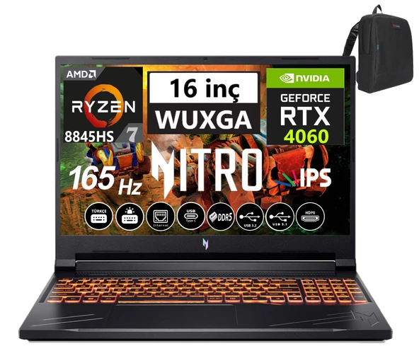 Acer Nitro V16 ANV16-41 Amd R7 8845HS Aı 32GB Ddr5 512GB SSD 8GB/RTX4060 Freedos 16" 165Hz Wxuga IPS Taşınabilir Bilgisayar WNHQRUEY00305+WEBLEGELSINÇANTA