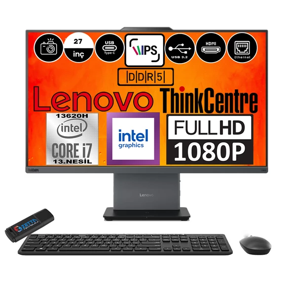 Lenovo Thinkcentre Neo 27 50A Gen5 Intel Core I7 13620H 64GB Ddr5 256GB SSD Windows 11 Pro Intel® UHD Graphics 27" Fhd All In One Bilgisayar 12SA000RTRP11 + Zetta Flash Bellek