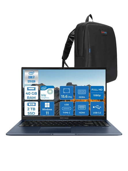 Asus Vivobook 15 X1504VA Intel Core I7 1355U 40GB 2tb SSD Intel Iris Xᵉ Graphics 15.6'' Fhd Windows 11 Home Taşınabilir Bilgisayar NJ426WH11 + Zettaçanta