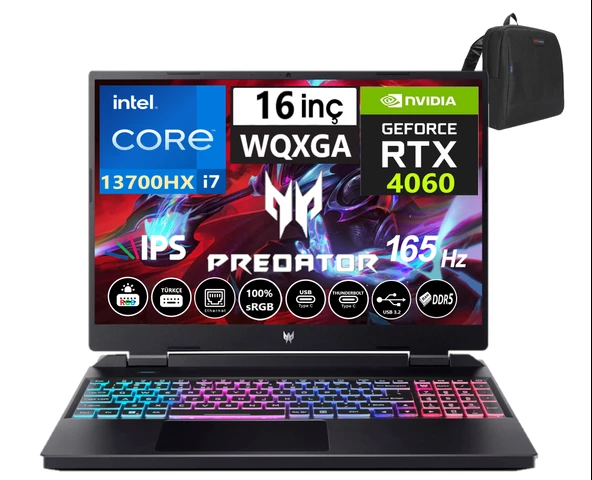 Acer Predator Helios Intel I7 13700HX 64GB Ddr5 4tb SSD 8GB/RTX4060 WINDOWS11PRO 16" 165 Hz Fhd IPS Taşınabilir Bilgisayar WNHQLUEY00456+WEBLEGELSINÇANTA