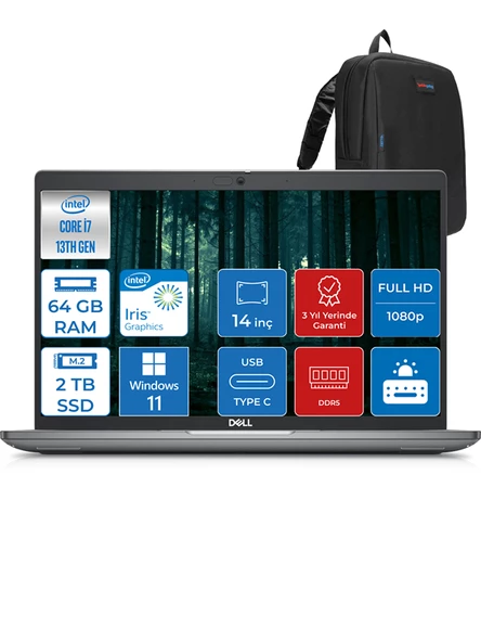 Dell Latitude 5440 Intel Core Vpro I7-1370P 64GB Ddr5 2tb SSD 14" IPS Fhd Windows 11 Home 544014EMEAVPWH08 + Zettaçanta