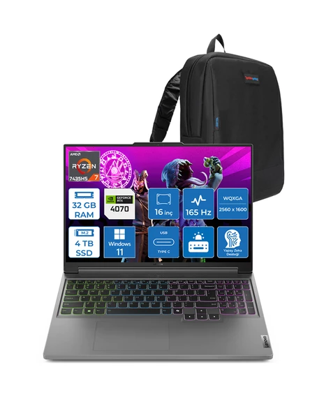 Lenovo Legion Slim 5 Amd Ryzen 7 7435HS 32GB Ddr5 4tb SSD 8gb Geforce Rtx™ 4070 (140W) 16" Wqxga 165Hz Windows 11 Pro Taşınabilir Bilgisayar 883EX001DTRWP07 + Zetta Çanta