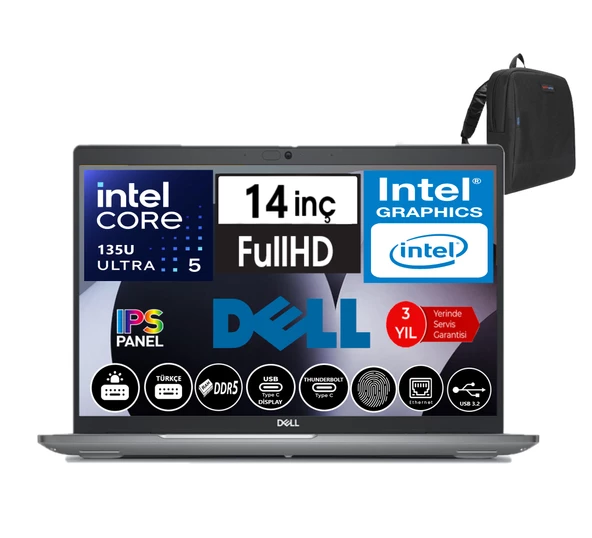 Dell Latitude 5450 Intel Ultra 5 135U 16GB Ddr5 1tb SSD  14" Fhd IPS Freedos Taşınabilir Bilgisayar N009L545014W03+ZETTAÇANTA