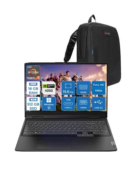 Lenovo Ideapad Gaming 3 15ARH7 Ryzen 5 7535HS 16GB Ddr5 512GB SSD 6GB/RTX4050 (85W) Windows 11 Pro IPS 120Hz 15.6" Fhd Taşınabilir Bilgisayar 882SB00PDTXWP01 + Zettaçanta ürün görseli 1