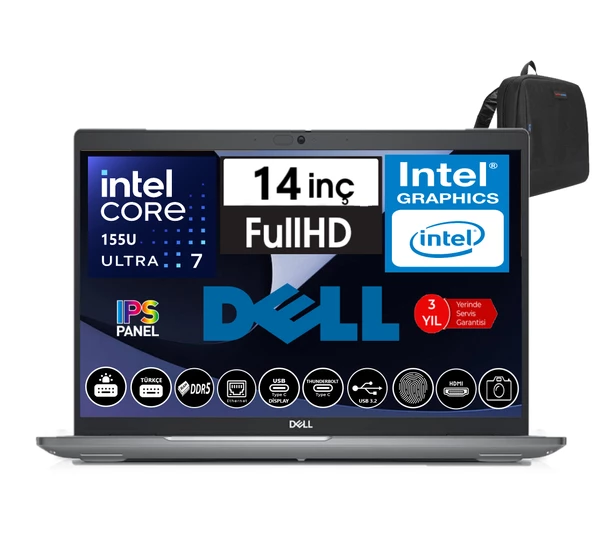 Dell Latitude 5450 Intel Ultra 7 155U 48GB Ddr5 256GB SSD  14" Fhd IPS WINDOWS11PRO Taşınabilir Bilgisayar N012L545014W36+ZETTAÇANTA