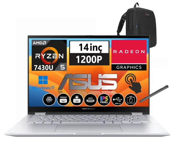 Asus Vivobook S 14 TN3402YA Flip Amd Ryzen 5 7430U 16GB 512GB SSD Wuxga 14.0" WINDOWS11H Dokunmatik Taşınabilir Bilgisayar LZ310W07+ZETTAÇANTA