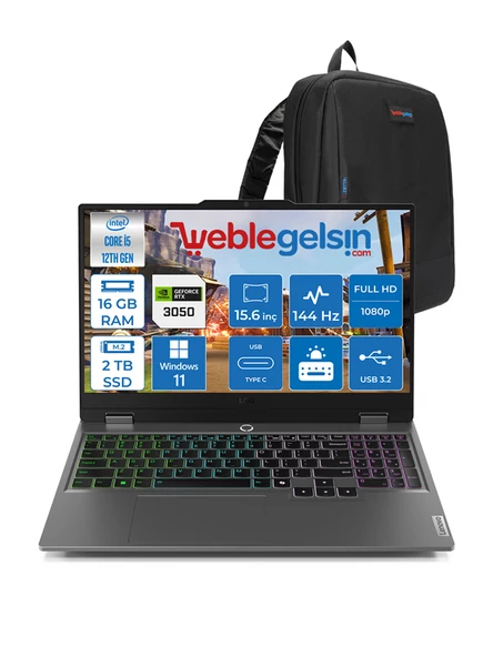 Lenovo Loq 15IAX9 Intel Core I5 12450HX 16GB Ddr5 2tb SSD 6gb RTX3050 (95W) 15.6" IPS 144Hz Fhd Windows 11 Home Taşınabilir Bilgisayar 883GS001TTRWH03 + Zetta Çanta ürün görseli