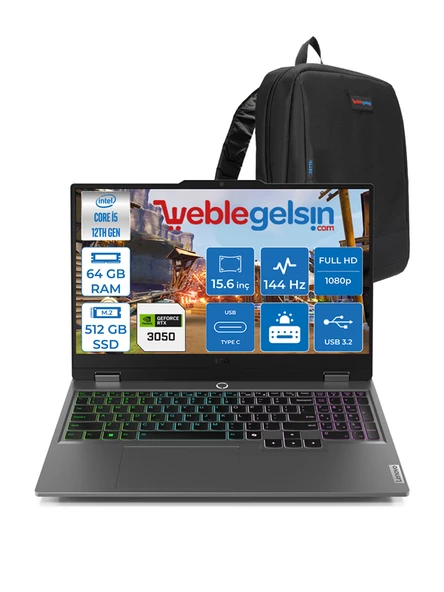 Lenovo Loq 15IAX9 Intel Core I5 12450HX 64GB Ddr5 512GB SSD 6gb RTX3050 (95W) 15.6" IPS 144Hz Fhd Freedos Taşınabilir Bilgisayar 883GS001TTRF07 + Zetta Çanta ürün görseli 1