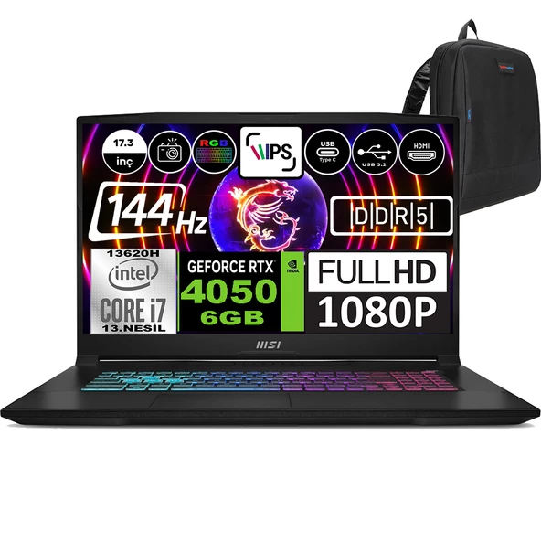 Msı Katana 17 Intel Core I7 13620H 16GB 512GB SSD RTX4050 (105W)6GB Windows 11 Home 17.3" Fhd 144Hz Taşınabilir Bilgisayar B13VEK1035XTRWH01 + Zetta Çanta