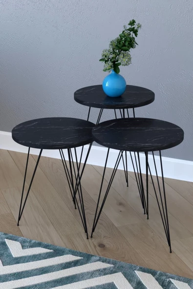Remaks Elit 3'Lü Yuvarlak Zigon Sehpa Metal Ayaklı Sehpa - Siyah Mermer