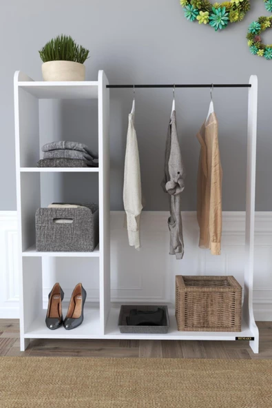 Remaks Moda Portmanto Ayaklı Elbise Askısı Ve Konfeksiyon Askılık Elbise Dolabı - Beyaz - Resim 3