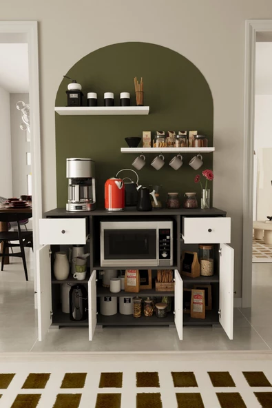 Remaks Kahve Köşesi Çok Amaçlı Dolap Mikrodalga Set Altı Mutfak Dolabı Alt Dolap Antrasit  - Beyaz - Resim 3