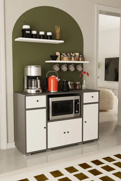 Remaks Kahve Köşesi Çok Amaçlı Dolap Mikrodalga Set Altı Mutfak Dolabı Alt Dolap Antrasit  - Beyaz - Resim 2