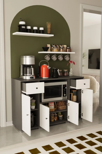 Remaks Kahve Köşesi Çok Amaçlı Dolap Mikrodalga Set Altı Mutfak Dolabı Alt Dolap Antrasit  - Beyaz - Resim 4