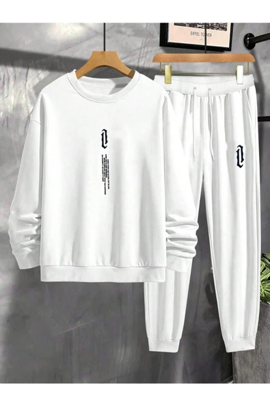 Erkek Dikey Baskılı Oversize Bisiklet Yaka Eşofman Takımı - 8