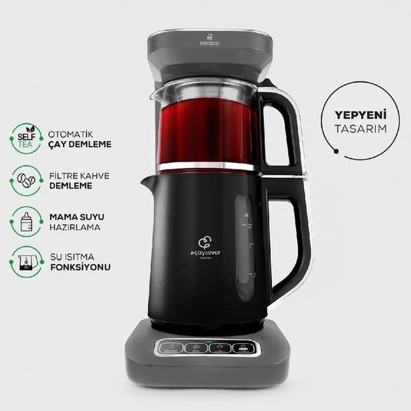 Karaca Çaysever Robotea Pro 4in1 2500 W Space Gray Konuşan Cam Demlikli Çay Makinesi