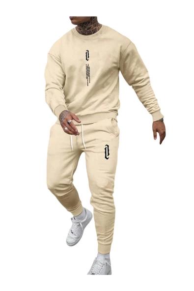 Erkek Dikey Baskılı Oversize Bisiklet Yaka Eşofman Takımı - 4