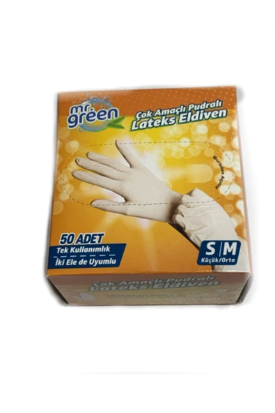 Mr Green Pudralı Hijyenik Latex Eldiven 50 Adet S/m