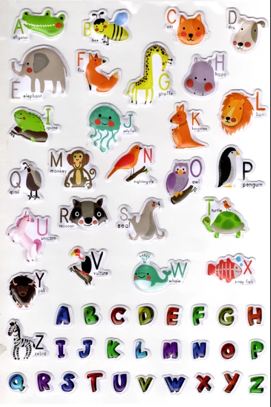 Sticker Kabartmalı A4 Boyutunda Stiker Defter, Planlayıcı Etiket-(lim546) - ingilizce Harf ve Hayvanlar