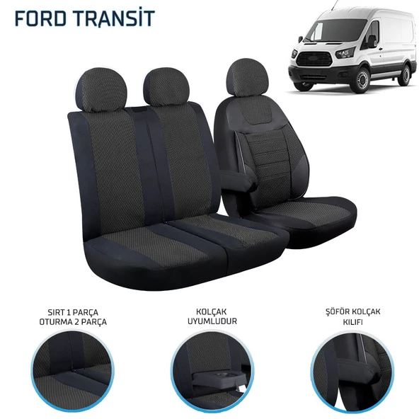 Ford Transit 2013 ve Sonrası 2+1 Ön Koltuk Kılıf Seti Siyah - 3
