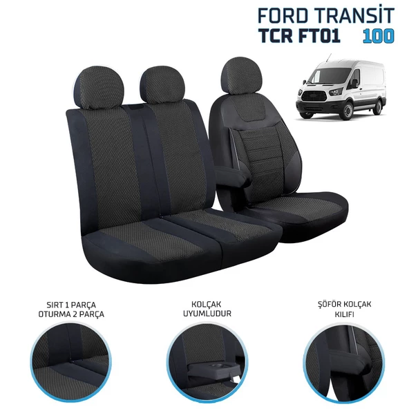 Ford Transit 2013 ve Sonrası 2+1 Ön Koltuk Kılıf Seti Siyah - 4