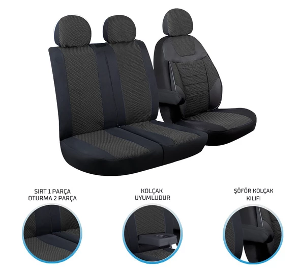 Ford Transit 2013 ve Sonrası 2+1 Ön Koltuk Kılıf Seti Siyah - 2