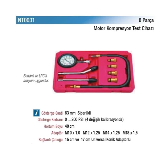 NT Tools Motor Kompresyon Test Cihazı 8 Parça NT0031