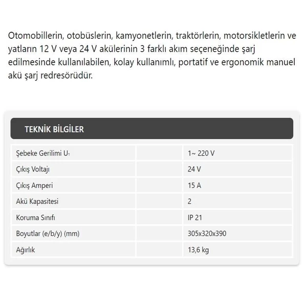 Demiriz Akü Şarj Cihazı Redresör 24V-15A BC2415 - 2